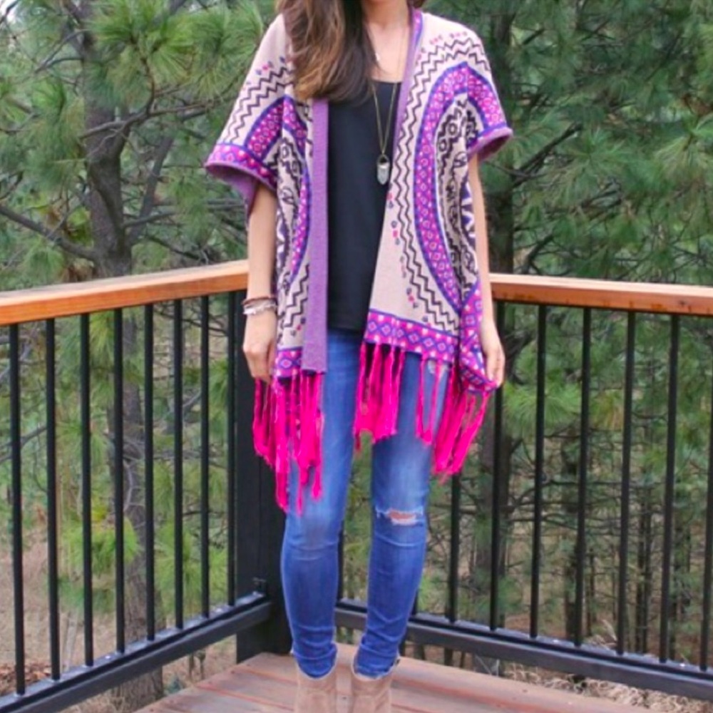 Flying Tomato Tribal Fringe Open Waterfall Cardigan